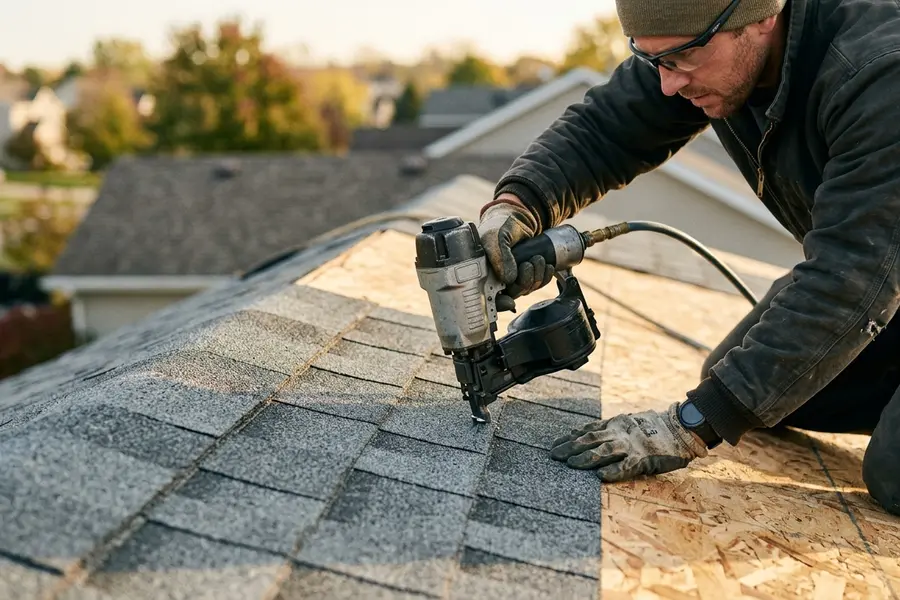 All American Home Improvement roofer fastening new shingles with a nail gun in Evansville